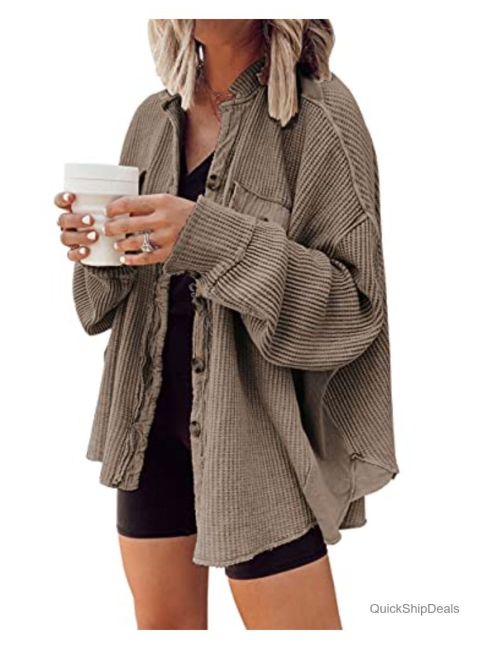 chouyatou Women's Waffle Knit Button Down Shirt Shacket Batwing Sleeve Loose
